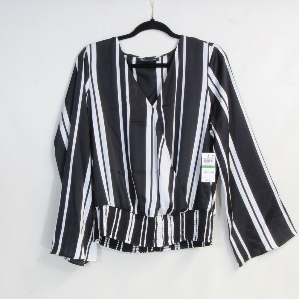 International Concepts B&W Random Stripe Smocked Hem Blouse Size Large NWT